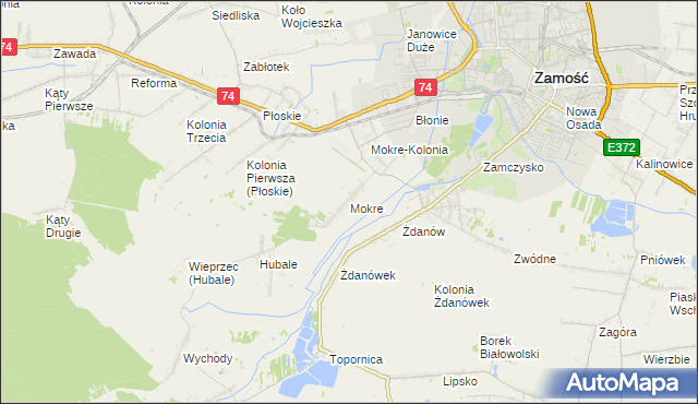 mapa Mokre gmina Zamość, Mokre gmina Zamość na mapie Targeo