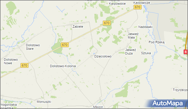 mapa Dzięciołowo gmina Jaświły, Dzięciołowo gmina Jaświły na mapie Targeo