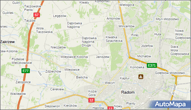 mapa Janiszew gmina Zakrzew, Janiszew gmina Zakrzew na mapie Targeo