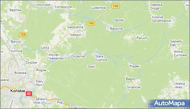 mapa Stara Kuźnica gmina Końskie, Stara Kuźnica gmina Końskie na mapie Targeo