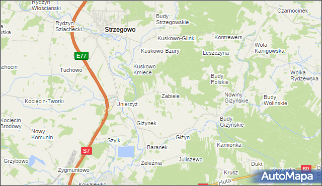 mapa Zabiele gmina Strzegowo, Zabiele gmina Strzegowo na mapie Targeo