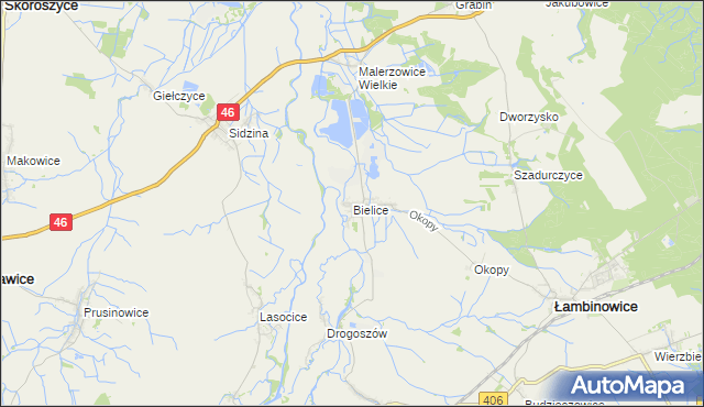 mapa Bielice gmina Łambinowice, Bielice gmina Łambinowice na mapie Targeo
