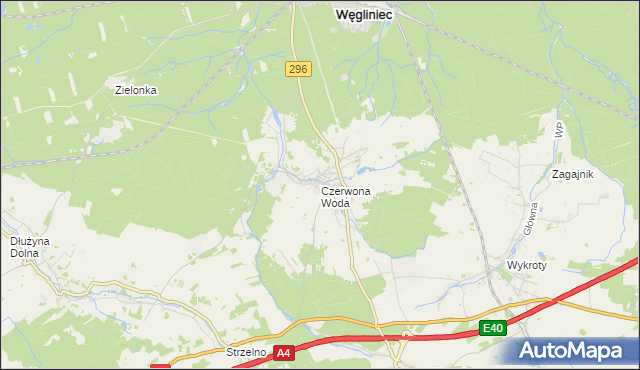 mapa Czerwona Woda gmina Węgliniec, Czerwona Woda gmina Węgliniec na mapie Targeo