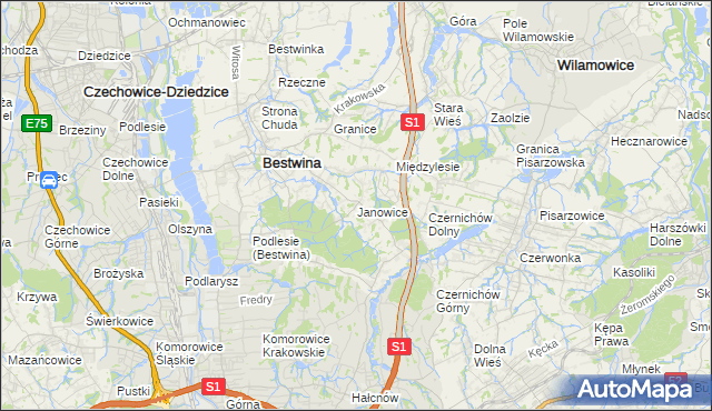 mapa Janowice gmina Bestwina, Janowice gmina Bestwina na mapie Targeo