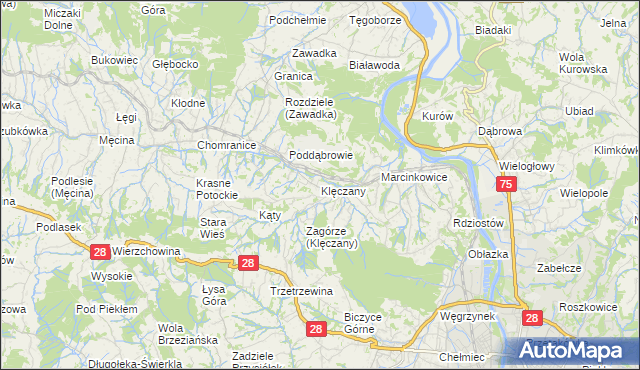 mapa Klęczany gmina Chełmiec, Klęczany gmina Chełmiec na mapie Targeo