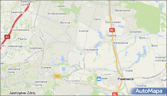mapa Krzyżowice gmina Pawłowice, Krzyżowice gmina Pawłowice na mapie Targeo