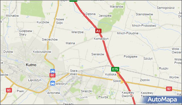 mapa Sieraków gmina Kutno, Sieraków gmina Kutno na mapie Targeo