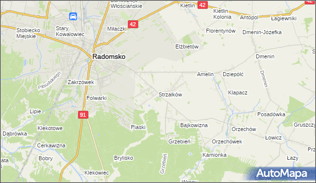 mapa Strzałków gmina Radomsko, Strzałków gmina Radomsko na mapie Targeo