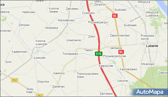 mapa Tadzin gmina Lubanie, Tadzin gmina Lubanie na mapie Targeo