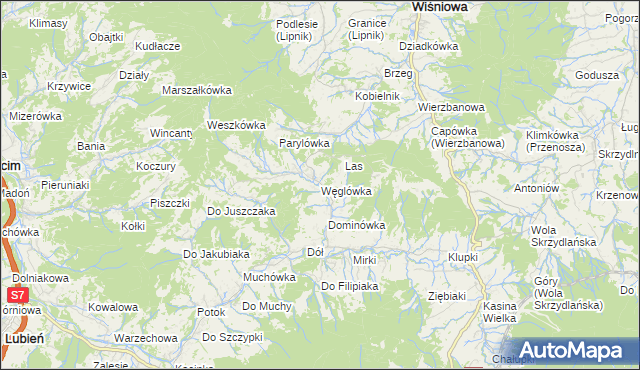mapa Węglówka gmina Wiśniowa, Węglówka gmina Wiśniowa na mapie Targeo