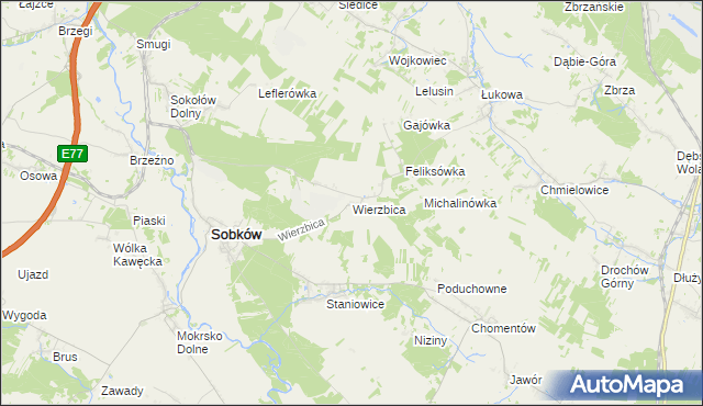 mapa Wierzbica gmina Sobków, Wierzbica gmina Sobków na mapie Targeo