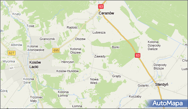 mapa Zawady gmina Ceranów, Zawady gmina Ceranów na mapie Targeo