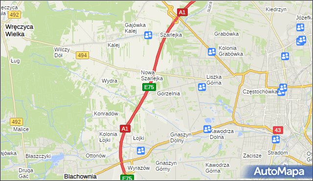 mapa Gorzelnia gmina Blachownia, Gorzelnia gmina Blachownia na mapie Targeo