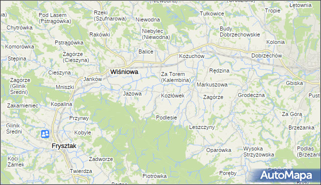mapa Kozłówek gmina Wiśniowa, Kozłówek gmina Wiśniowa na mapie Targeo