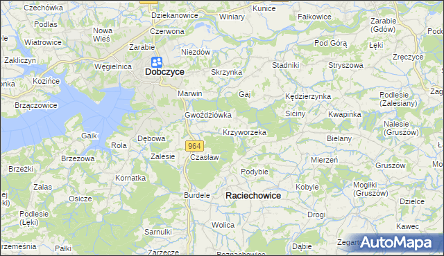 mapa Krzyworzeka gmina Raciechowice, Krzyworzeka gmina Raciechowice na mapie Targeo