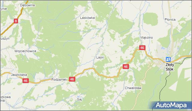 mapa Laski gmina Złoty Stok, Laski gmina Złoty Stok na mapie Targeo