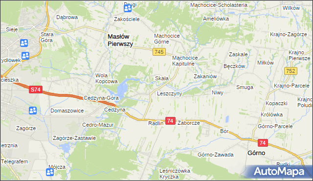 mapa Leszczyny gmina Górno, Leszczyny gmina Górno na mapie Targeo