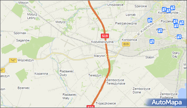 mapa Marynin gmina Konopnica, Marynin gmina Konopnica na mapie Targeo