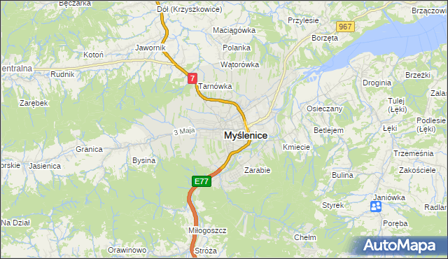 mapa Myślenice, Myślenice na mapie Targeo