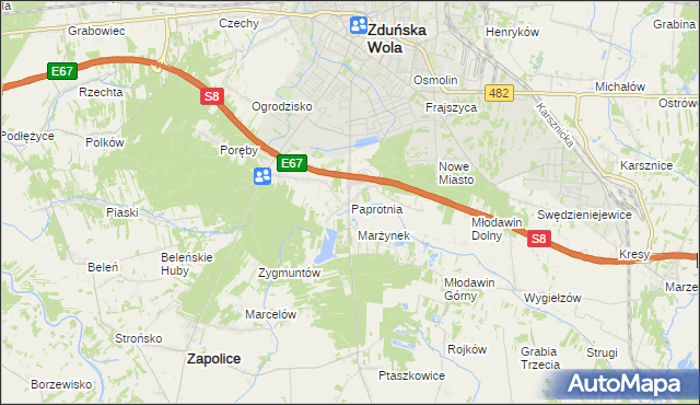 mapa Paprotnia gmina Zapolice, Paprotnia gmina Zapolice na mapie Targeo
