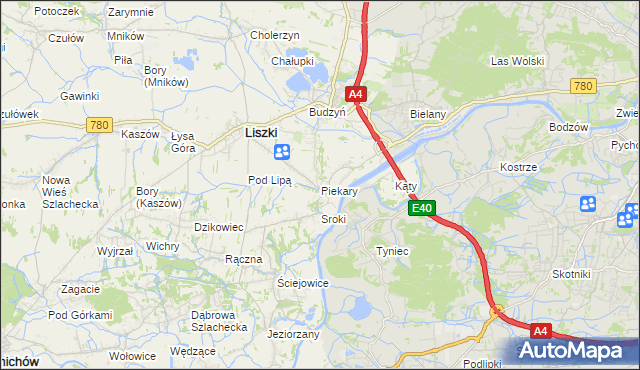 mapa Piekary gmina Liszki, Piekary gmina Liszki na mapie Targeo