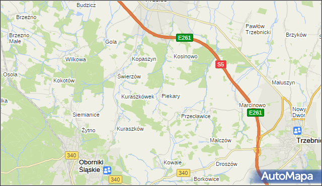 mapa Piekary gmina Oborniki Śląskie, Piekary gmina Oborniki Śląskie na mapie Targeo