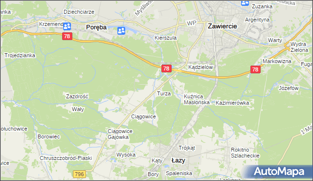mapa Turza gmina Łazy, Turza gmina Łazy na mapie Targeo