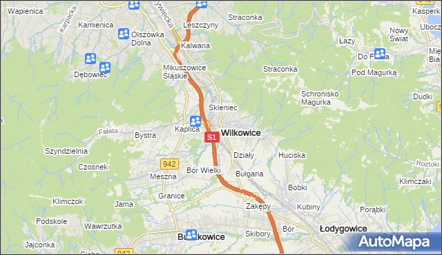 mapa Wilkowice powiat bielski, Wilkowice powiat bielski na mapie Targeo