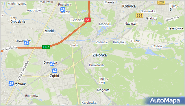 mapa Zielonka powiat wołomiński, Zielonka powiat wołomiński na mapie Targeo