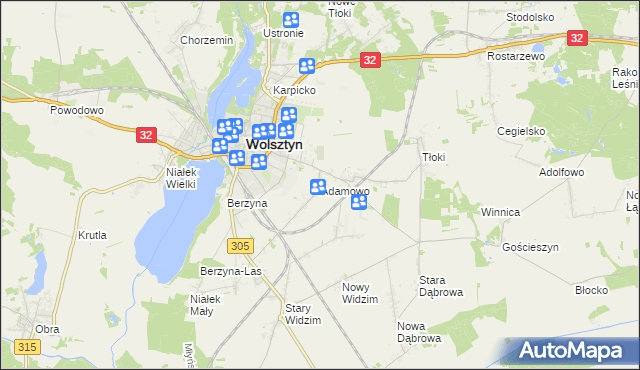 mapa Adamowo gmina Wolsztyn, Adamowo gmina Wolsztyn na mapie Targeo