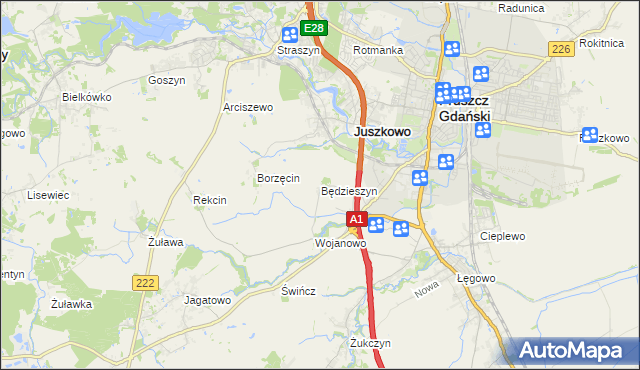 mapa Będzieszyn gmina Pruszcz Gdański, Będzieszyn gmina Pruszcz Gdański na mapie Targeo