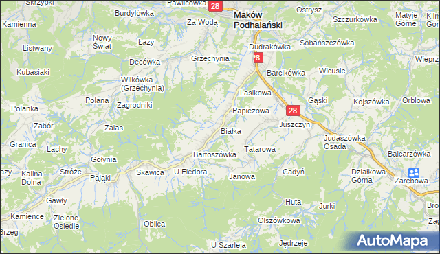 mapa Białka gmina Maków Podhalański, Białka gmina Maków Podhalański na mapie Targeo