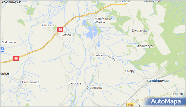 mapa Bielice gmina Łambinowice, Bielice gmina Łambinowice na mapie Targeo