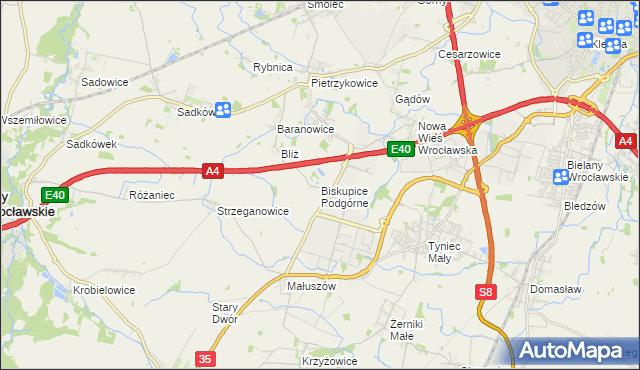 mapa Biskupice Podgórne, Biskupice Podgórne na mapie Targeo