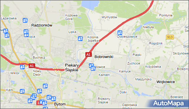 mapa Bobrowniki powiat będziński, Bobrowniki powiat będziński na mapie Targeo