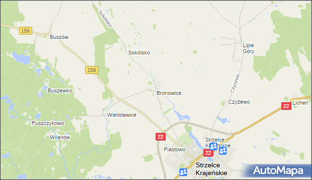 mapa Bronowice gmina Strzelce Krajeńskie, Bronowice gmina Strzelce Krajeńskie na mapie Targeo