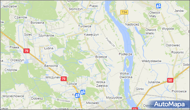mapa Brześce gmina Góra Kalwaria, Brześce gmina Góra Kalwaria na mapie Targeo