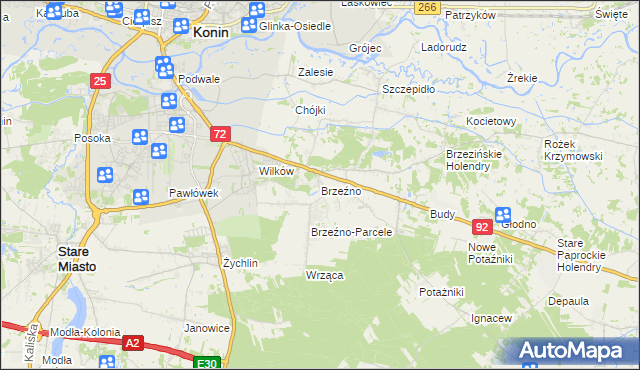 mapa Brzeźno gmina Krzymów, Brzeźno gmina Krzymów na mapie Targeo