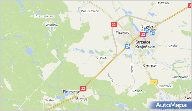 mapa Brzoza gmina Strzelce Krajeńskie, Brzoza gmina Strzelce Krajeńskie na mapie Targeo