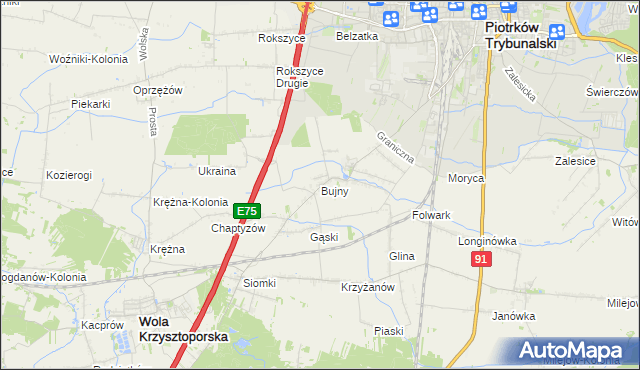 mapa Bujny gmina Wola Krzysztoporska, Bujny gmina Wola Krzysztoporska na mapie Targeo