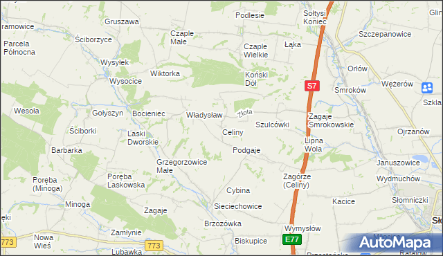 mapa Celiny gmina Iwanowice, Celiny gmina Iwanowice na mapie Targeo