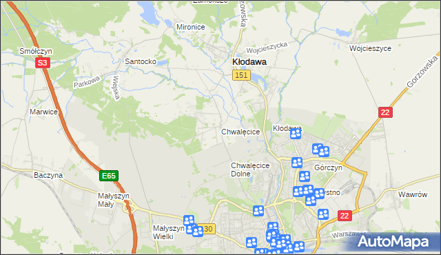 mapa Chwalęcice gmina Kłodawa, Chwalęcice gmina Kłodawa na mapie Targeo