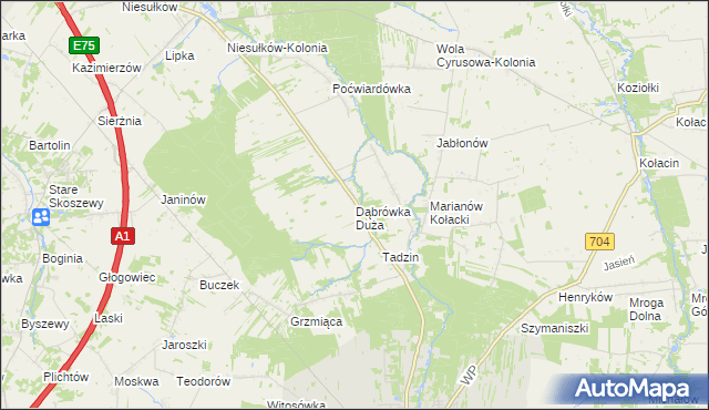 mapa Dąbrówka Duża gmina Brzeziny, Dąbrówka Duża gmina Brzeziny na mapie Targeo