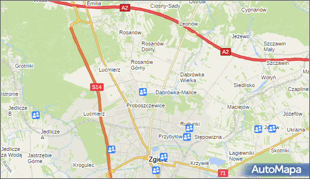 mapa Dąbrówka-Malice, Dąbrówka-Malice na mapie Targeo