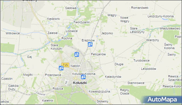 mapa Felicjanów gmina Koluszki, Felicjanów gmina Koluszki na mapie Targeo