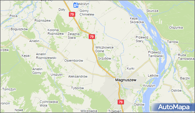 mapa Grzybów gmina Magnuszew, Grzybów gmina Magnuszew na mapie Targeo