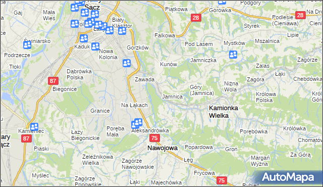 mapa Jamnica gmina Kamionka Wielka, Jamnica gmina Kamionka Wielka na mapie Targeo