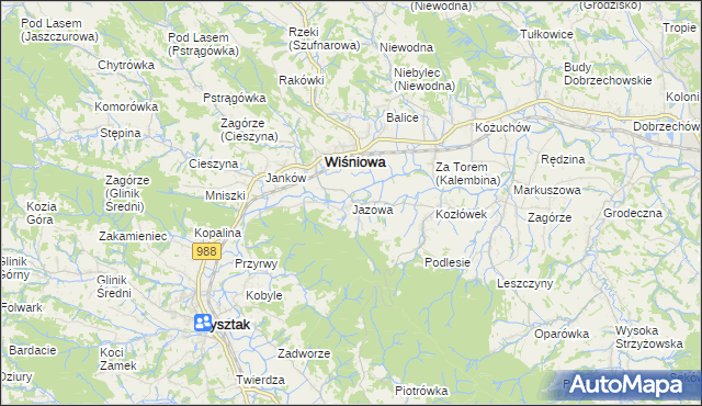 mapa Jazowa gmina Wiśniowa, Jazowa gmina Wiśniowa na mapie Targeo