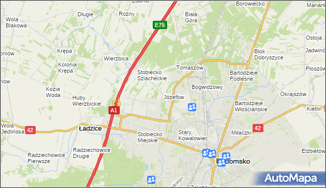 mapa Józefów gmina Ładzice, Józefów gmina Ładzice na mapie Targeo