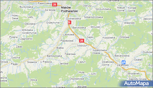 mapa Juszczyn gmina Maków Podhalański, Juszczyn gmina Maków Podhalański na mapie Targeo